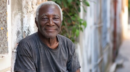 Obraz premium African-American senior man portrait, elderly black male model dressed in casual simple clothes, everyday looking, background with street view, different people and diversity, AI generated image