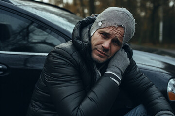 Fototapeta premium Generated with AI image of young man on road after hard car accident