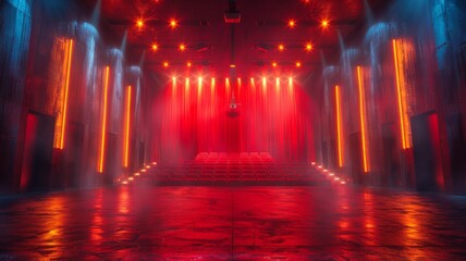 A red and orange stage with a projector and a microphone