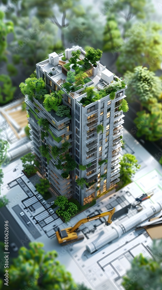 Poster a model of an apartment building with modern architecture and green spaces, surrounded by constructi