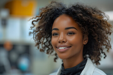 Obraz premium African Influenced Portrait of a Smiling Young Female Scientist in a Lab Coat