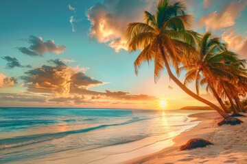 Sunset on the beach with palm trees and golden sand