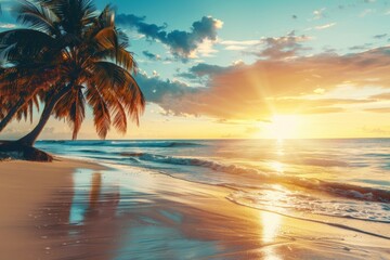 Sunset on the beach with palm trees and golden sand