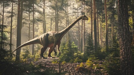 A large dinosaur is walking through a forest