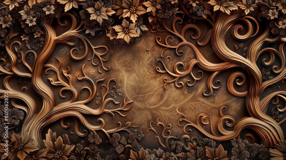 Wall mural abstract floral carving background with wooden texture, carved flowers and leaves, botanical hand ma