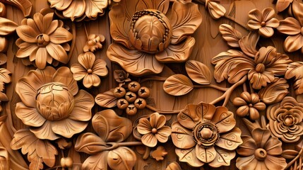 Wooden carving texture, carved Chinese motifs with flowers, leaves and abstract shapes and texture, organic shapes, natural eco color palette, AI generated
