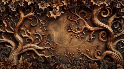 Abstract floral carving background with wooden texture, carved flowers and leaves, botanical hand made ornament, organic shapes, natural eco color palette, AI generated