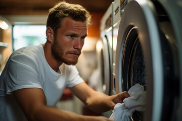 Young man doing laundry household chores generated with AI technology