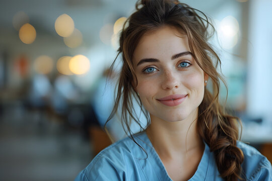 Cheerful Young Nurse in Scrubs Looking at Camera with Distinct Facial Features