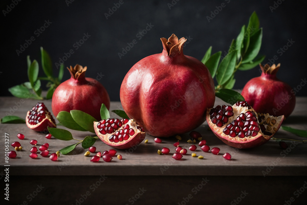 Poster pomegranate ai generated. pomegranate fruit with seeds and leaves. pomegranate background. generativ - Posters