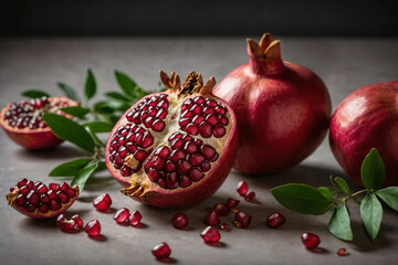 Pomegranate ai generated. Pomegranate fruit with seeds and leaves. Pomegranate background. Generative AI.