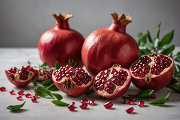 Pomegranate ai generated. Pomegranate fruit with seeds and leaves. Pomegranate background. Generative AI.