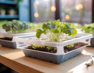 Hydroponic growing plants in artificial environment. Home greenhouse for vegetables. Young sprout in incubator.