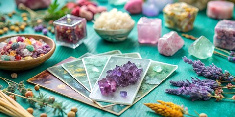  A candle stands with a hearth on a wooden table, dry flowers and herbs, background of a wizard, magic herbs candle, and cards. wallpaper colored crystals, bath salt, ritual