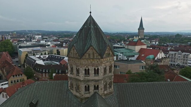 Aerial drone view of Dom St. Petrus in Osnabr&uuml;ck, Germany. St. Peter's Cathedral serves as the cathedral of the Roman Catholic Diocese of Osnabr&uuml;ck. 