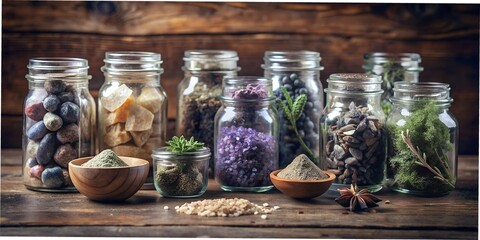 Stones and herbs lie in transparent glass macro jars, ground dry herbs, folk herbs. green wallpaper, background