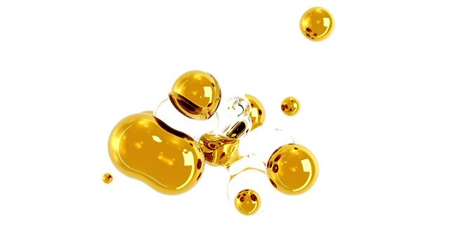 3D animation of abstract volume objects. Abstract morph liquid forms of water and gold metal on white background. 4k seamless loop animated template