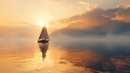 Fototapeta premium boat sailing on calm river in the fog