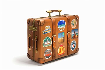 A traditional suitcase covered in colorful travel stickers from various destinations. Generative AI