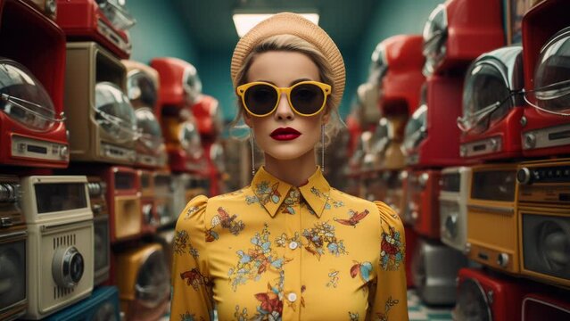 Sequence of colorful audio speakers and female mannequin head made with generative AI