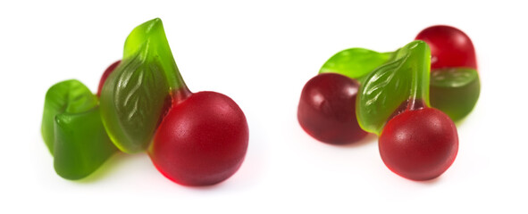 Fruit jelly candies in form of cherries on white background