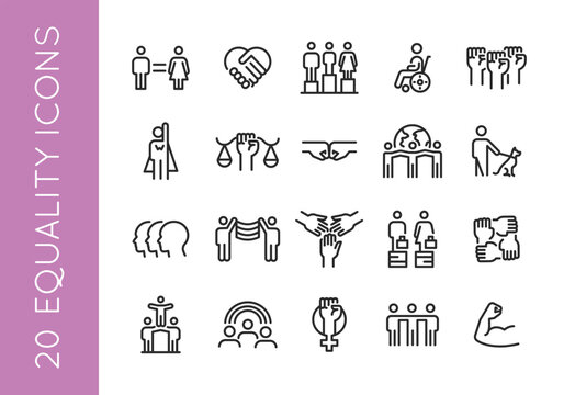 Equality icons. Set of 20 Equality trendy minimal icons representing diverse social issues, including gender equality, accessibility, unity. Design signs for web page, mobile app. Vector illustration
