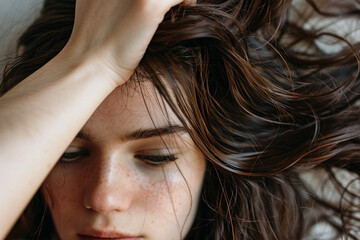 Obraz premium Close up image of woman touch hair head created with generative ai concept