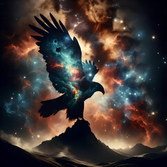 Eagle silhouette over colourful nebulas and starry night sky. Concept of a totem animal, powerful Universe, ancient believes and mythology. Amazing digital illustration. CG Artwork Background