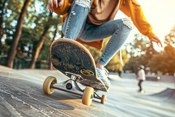 Naklejka premium Close up image of a dynamic moment of a skateboarder generative ai