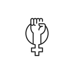Description: Feminism icon. Simple female empowerment icon representing women's rights, gender equality, and social justice. The raised fist signifies the fight for equality. Vector illustration