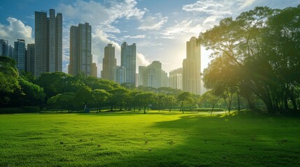 A park in the middle of a city with skyscrapers