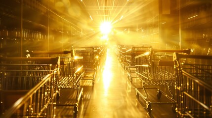 A row of shopping carts stands in a golden aisle of light creating a mesmerizing and almost...