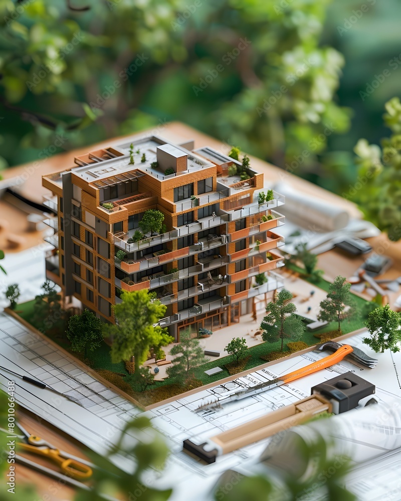 Poster a model of an apartment building with modern architecture and green spaces, surrounded by constructi