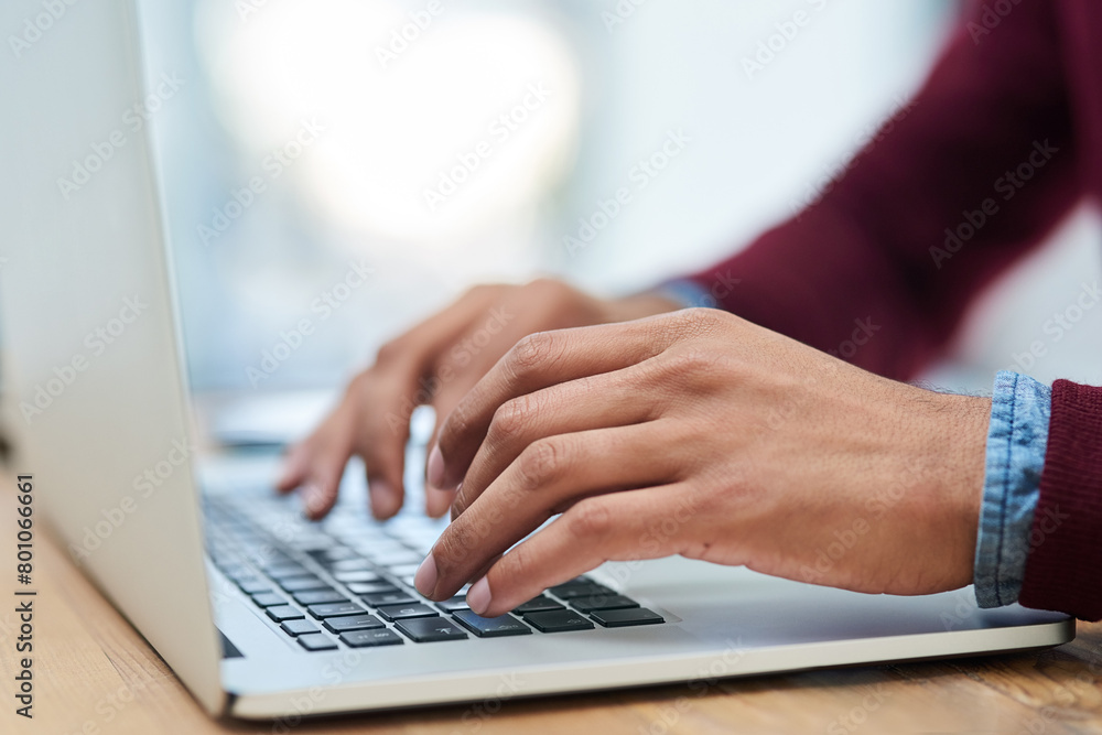 Poster laptop, hands and business person typing email for project, blog or writing article on desk in start