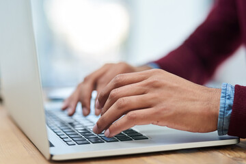 Laptop, hands and business person typing email for project, blog or writing article on desk in...