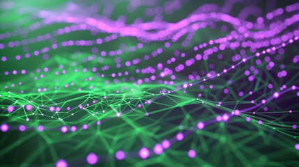 Luminous violet dots linked by lavender lines on a rich, emerald green background, illustrating an advanced quantum computing concept. 