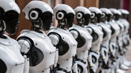 Fototapeta premium Group of AI robots, army, production line, factory