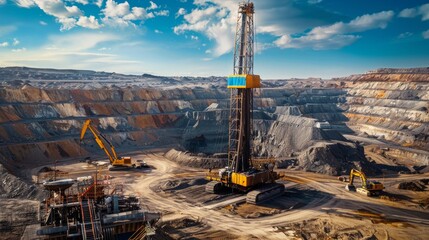 A towering drill rig dominates the industrial landscape surrounded by an array of machinery engaged in a vast openpit mining operation
