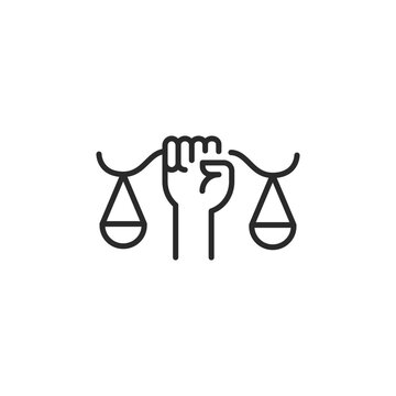 Justice Equality Scales icon. Simple icon depicting balanced scales held by a fist, representing the fight for equality and justice. Ideal for legal services, advocacy groups. Vector illustration