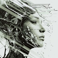 A woman's face is shown with a lot of wires and circuits surrounding her - obrazy, fototapety, plakaty