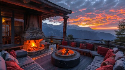 A cozy outdoor living space with a fireplace and a view of the mountains - obrazy, fototapety, plakaty