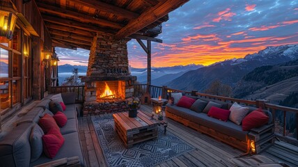 A cozy cabin with a fireplace and a view of the mountains - obrazy, fototapety, plakaty
