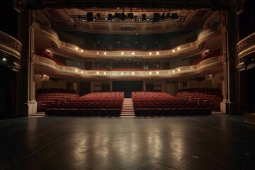 A large theater with red seats and a stage - obrazy, fototapety, plakaty