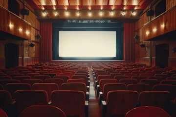 A movie theater with a large screen and red curtains - obrazy, fototapety, plakaty