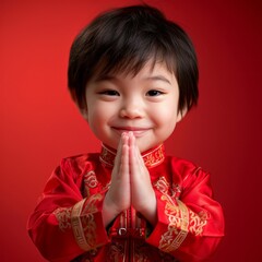 A young boy wearing a red Chinese outfit is smiling and praying - obrazy, fototapety, plakaty