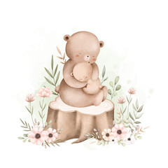 Watercolor Illustration Cute Mom and Baby Bear Sit on Log with Flowers and Leaves
