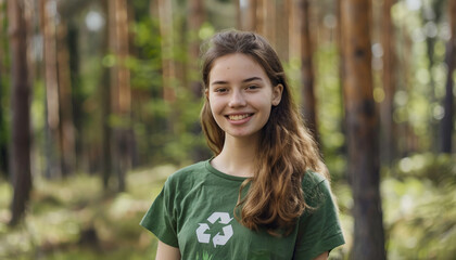 young environmental wearing a green recycle t-shirt, AI Generative.
