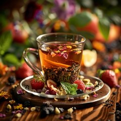 A cup of tea with a variety of fruits and herbs on a wooden table - obrazy, fototapety, plakaty
