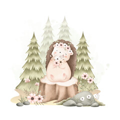 Foto auf Leinwand Watercolor Illustration Cute Hedgehog and Flowers at Forest