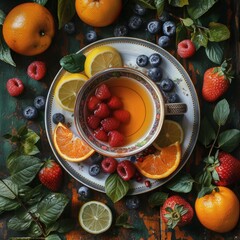 A white plate with a cup of tea and fruit on it - obrazy, fototapety, plakaty